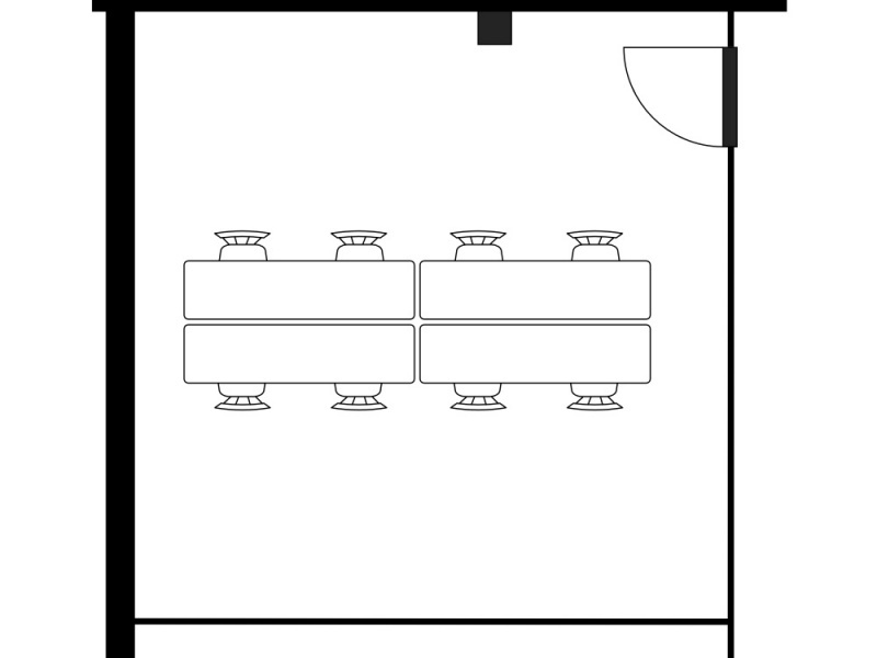 会議室の基本レイアウト図です。4名掛けテーブルを2台連結し、最大8名様までゆったりと着席いただけます。