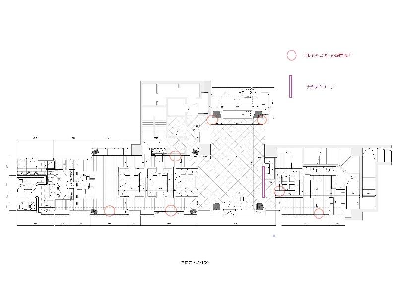 店舗平面図です
モニター・大型スクリーンの設置場所も記載が在ります