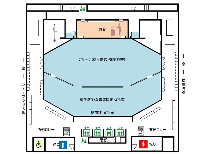 ７階のフロア図です。左右奥がスタッフスペースや控室に利用できます。