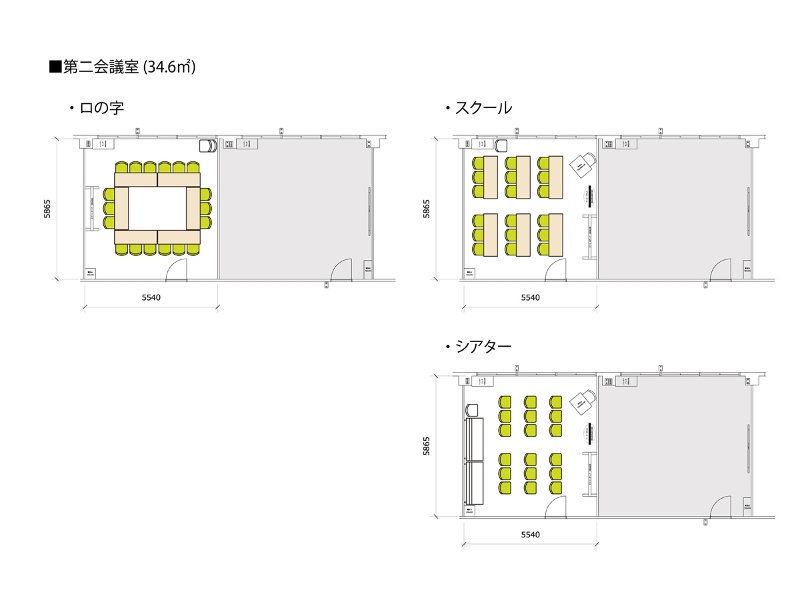 【レイアウト例：第二会議室】最大18名着席できます。基本レイアウトはロの字となります。予約時に希望レイアウトをお伝えいただければ事前にセッティングいたします。