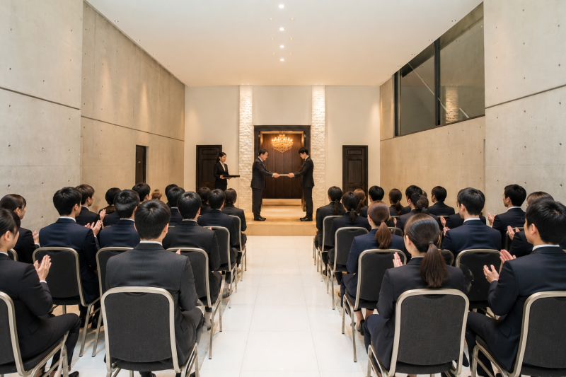 入社式・内定式・表彰式に最適な広さ、空間となっております。