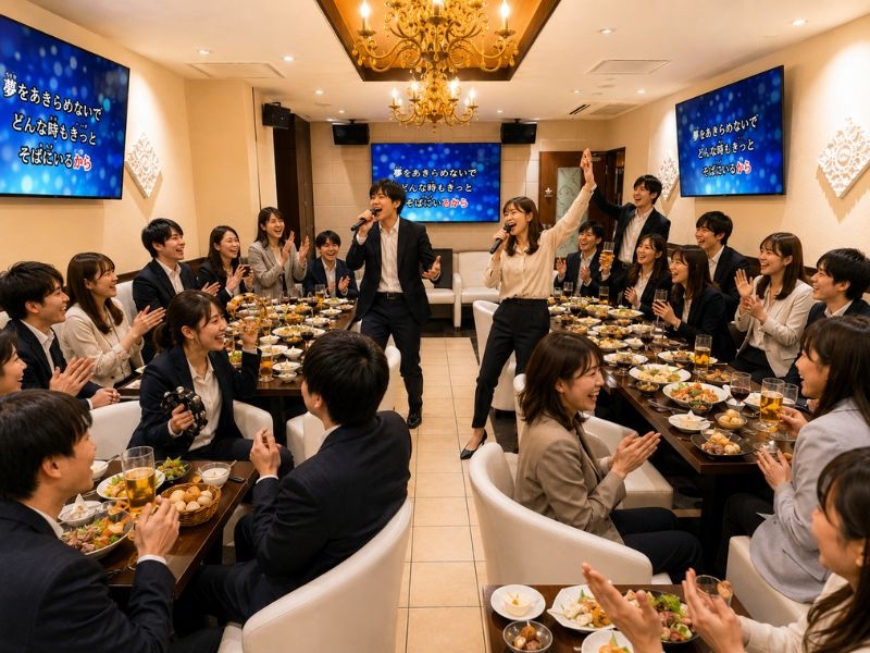 カラオケを楽しみながら、お食事やお酒も満喫できる宴会スタイル。大型モニターや音響設備も充実しており、歓送迎会・打ち上げ・懇親会など、盛り上がるパーティーシーンに最適です。大人数での貸切利用にも対応し、思い出に残るひとときを演出いたします。