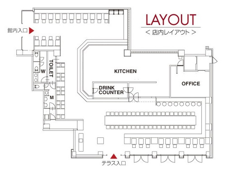 店内レイアウト図。２団体対応可能。
約３２㎡と７５㎡
完全貸切の場合は上側のフロアを荷物置き場。
下側を懇親会場として利用される場合が多いです